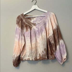 Lucky Brand Pink and Purple Smocked 3/4 Sleeve Blouse